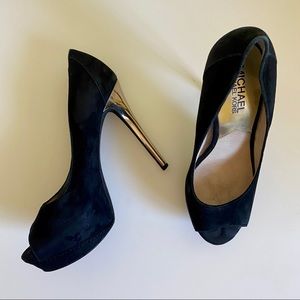 Michael Kors Black Suede Gold Heel Platforms